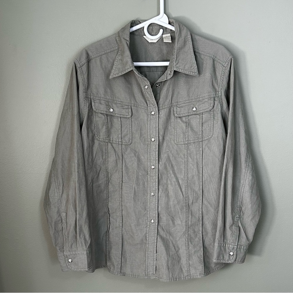 J Jill Corduroy Button Up Long Sleeve Shirt Pockets Grey Womens Size XL